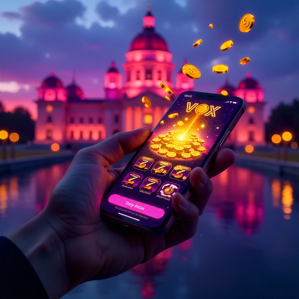 A hand holding a sleek smartphone with the Vox Casino app open, background featuring the Palace of Culture and Science in Warsaw at twilight, neon violet and gold brand colors, 3D golden coins and glowing slot symbols flying out of the screen, cinematic 8